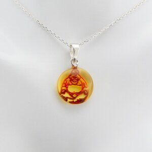 Natural Baltic Citrine Amber Laser Cut Buddha Choker Necklace in 925 Sil…